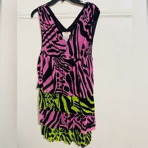 Vintage Fuzzi Tiered Pink and Green Patterned Mini Dress